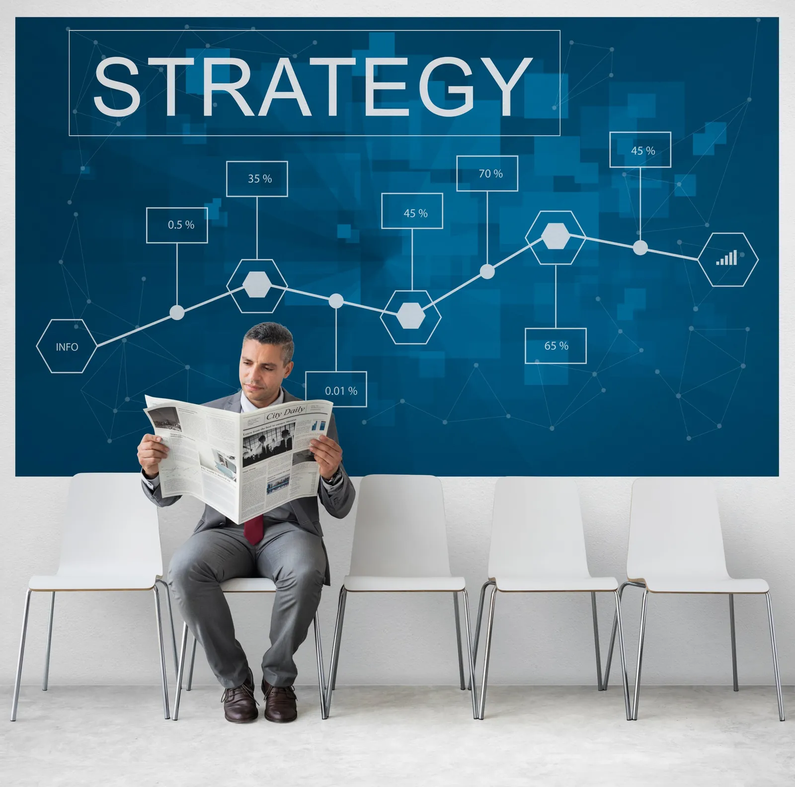 Professional in front of a marketing strategy board with growth metrics
