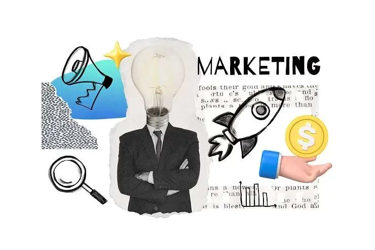 Marketing collage with a lightbulb-headed businessman and icons