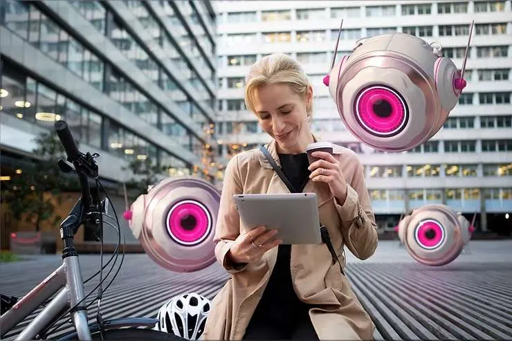 Woman with a tablet in the city surrounded by stylized cameras