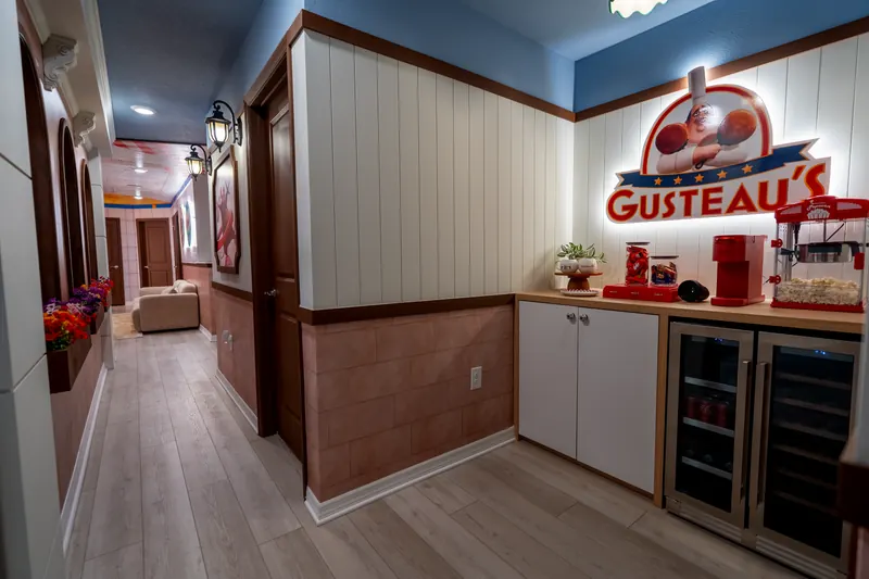 Themed hallway with a coffee and snack bar