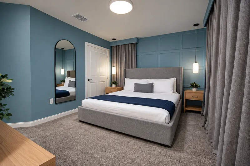 Bedroom with blue walls, arched mirror and pendant lights
