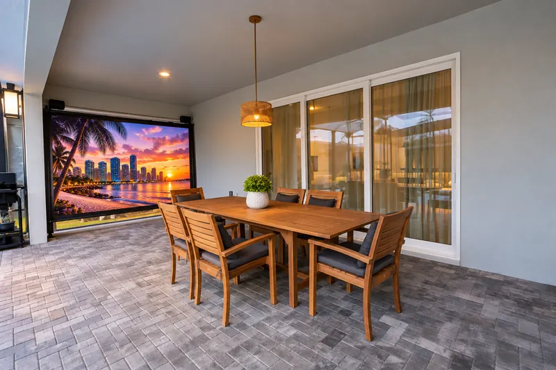 Covered lanai with wood dining table and outdoor screen